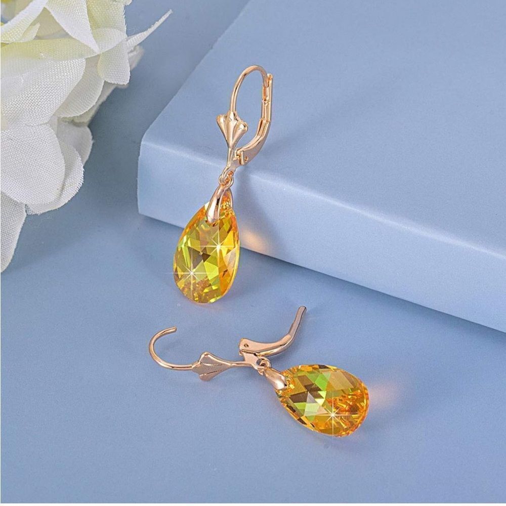 14K Yellow Gold with Yellow Citrine Austrian Crystal Teardrop Leverback Earrings - Picture 2 of 7